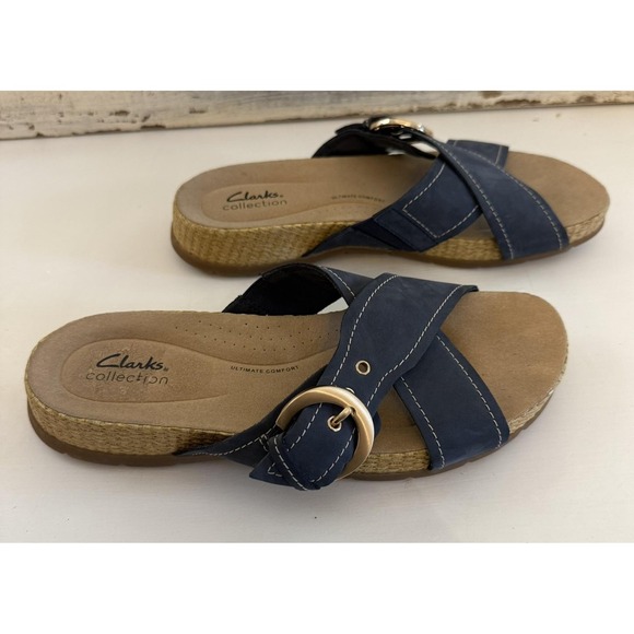 Clarks Shoes - Clarks Collection Sandals Womens Blue Slip On Buckle Wedge Comfort Shoes Size 10